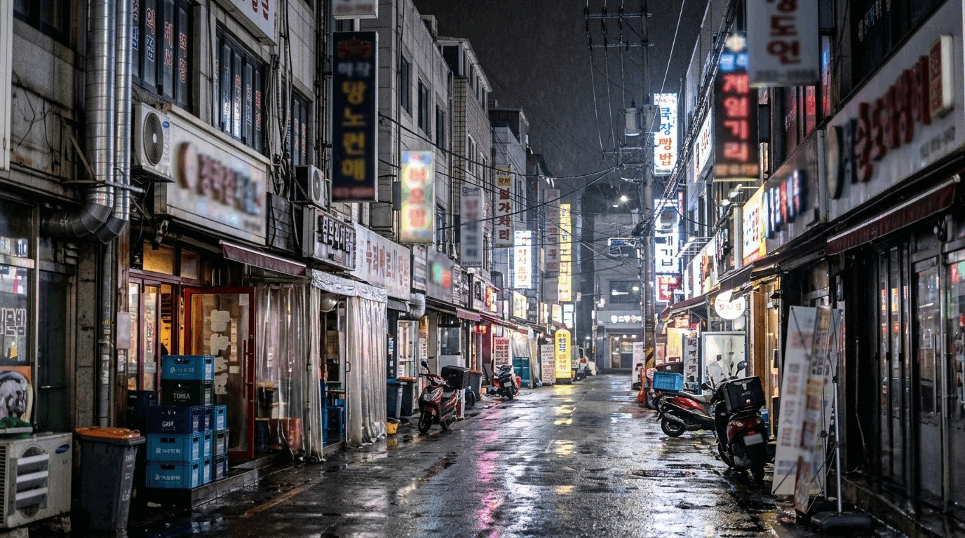 수원빵빠레가 자리한 인계동 거리의 밤 풍경을 담은 차분한 번화가 외경 연출